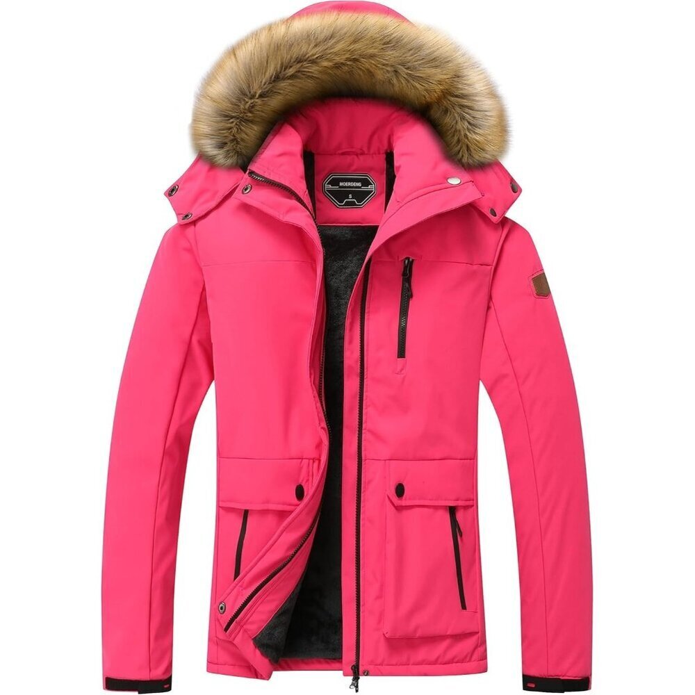 Women's Mountain Waterproof Silver Red Ski Snow Jacket Winter Warm Hooded Coat